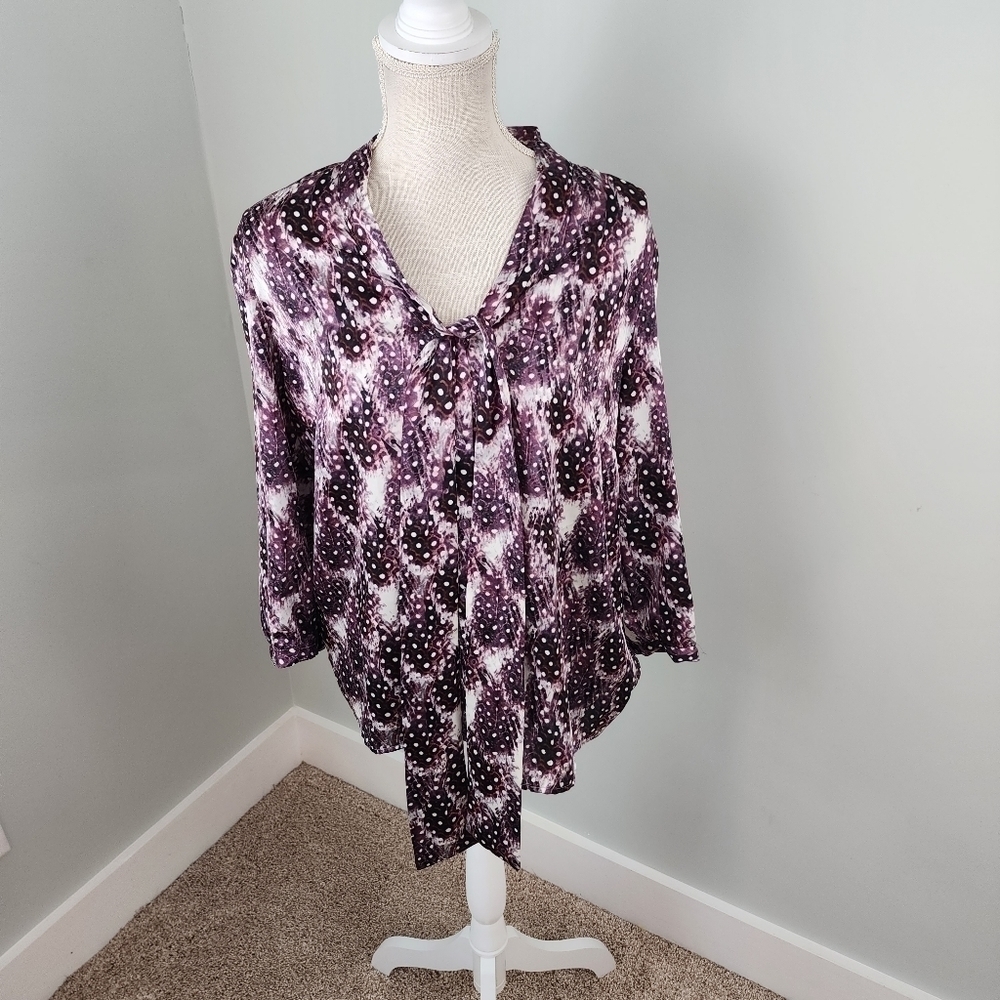 Worthington Women’s Purple Polka Dot Tie Neck Long Sleeve Blouse Top Size Large